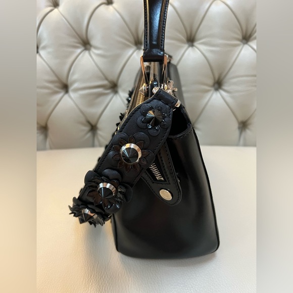 Fendi Dotcom Black Leather Bag Flowers Studded with Matching Strap Satchel - Picture 7 of 14